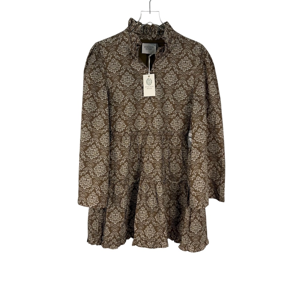 Hyacinth House Olive Damask Floral Ruffle Neck‎ Cotton Tiered Mini Dress XL NEW
